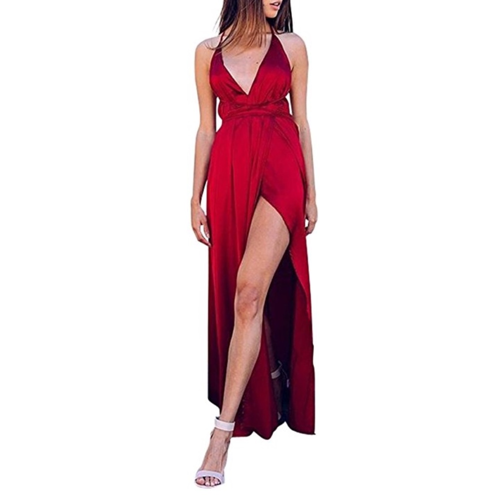 FINAL PRICE!!! SEXY SATIN RED SLIT GOWN DRESS